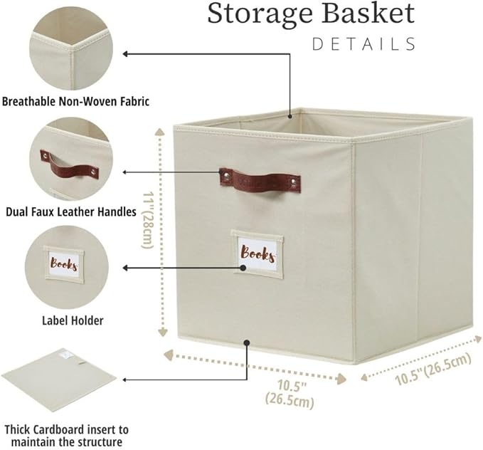 DECOMOMO Storage Bins, Cube Storage Bin with Labels | 10.5" x 11" Fabric Storage Cubes for Shelves (6pcs, Beige)
