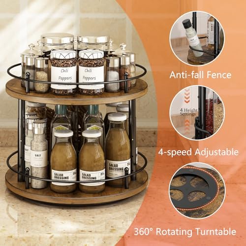 2 Tier Lazy Susan Organizer,2-Tier Spinning Spice Rack with Stable Carousel Base & 4 Height Settings for Cupboard Kitche
