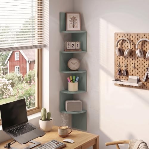 Furinno Rossi 5-Tier Corner Floating Book Shelves for Wall, Sage Green