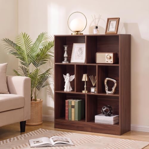 YAHARBO 3 Tier 7 Cube Mini Thin Bookshelf, Short Shallow Bookcase, Walnut