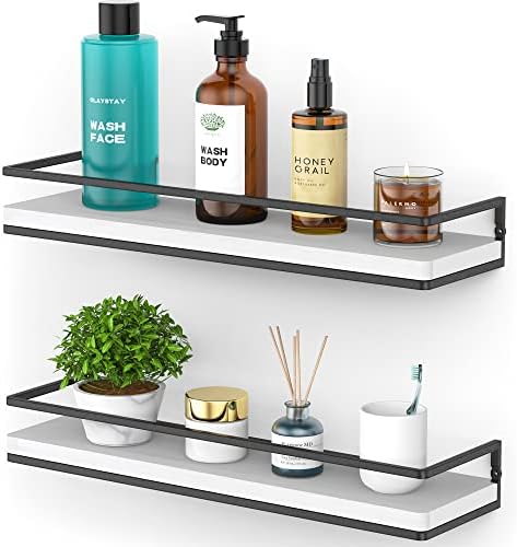 Meangood Floating Shelves Wall Mounted Set of 2, Rustic Wood Wall Storage Shelves for Bedroom,Living Room,Bathroom, Kitc