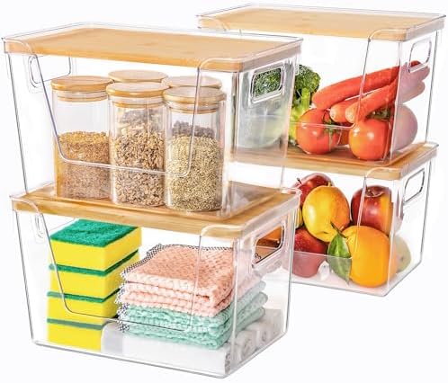 Criusia 4 Set Pantry Organizers and Storage with Bamboo Lids, Stackable Clear Bins for Onion, Potato, Fruit, Vegetables,