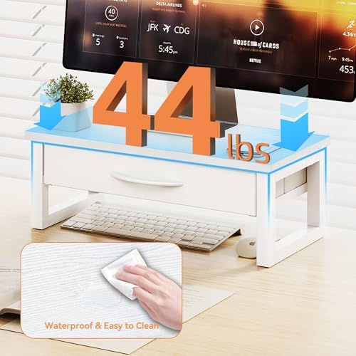 Desk Organizers and Accessories, Computer Monitor Stand Riser with Drawer, White Laptop Stand for Desk with Storage, Off