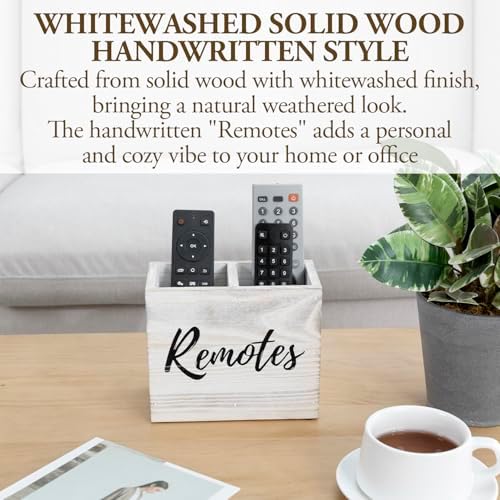 MyGift TV Remote Control Holder Organizer, Wood DVD Remote Caddy Storage for Table, 2 Large Compartment, Shabby Whitewashed Solid Wood with Black Cursive Remotes Label