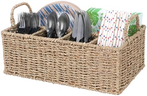 Wicker Party Silverware Caddy, Handwoven Seagrass Cutlery Utensil Holder with Handles, Kitchen Countertop and Picnic Fla