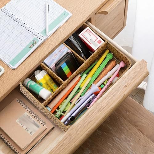 BTSKY Desk Drawer Organizer Tray, Coffee Station Organizer Tea Bag Organizer, Woven Seagrass Storage Basket with 4 Divided Sections Handwoven Wicker Storage Basket for Shelves, Pantry, Coffee Bar