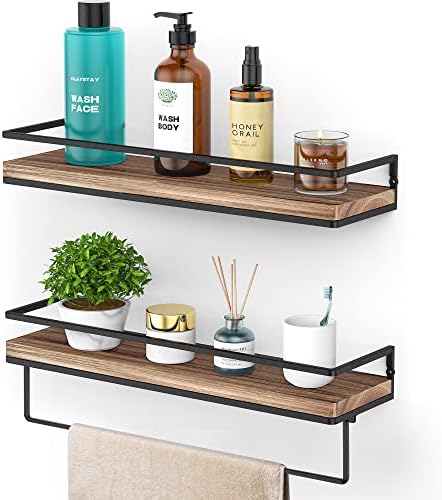 Meangood Floating Shelves Wall Mounted Set of 2, Wall Shelf with Towel Bar Rustic Wood Wall Storage Shelves for Bedroom,
