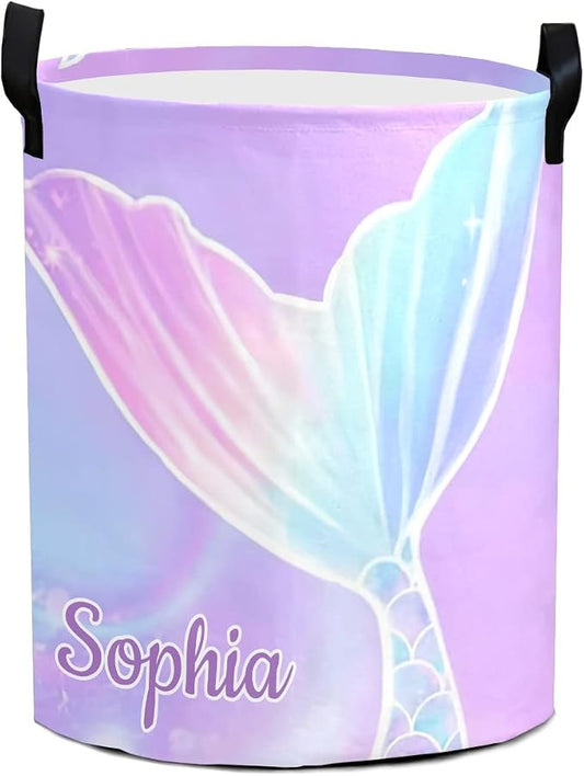 Mermaid Tail Purple Laundry Basket Personalized Name Waterproof Laundry Hamper with Handles for Laundry Room Bathroom College