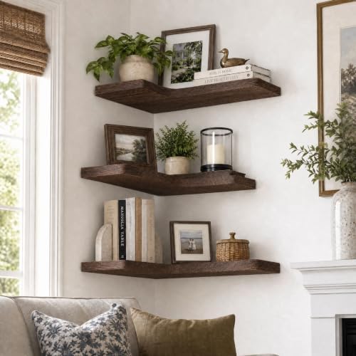 16 Inch Solid Wood Floating Corner Shelves, 3 Pack, Rustic Brown
