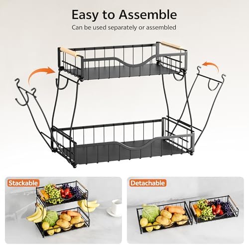 2 Tier Fruit Basket for Kitchen Countertop with Banana Hangers,Detachable Metal Fruit Bowl with Wooden Handles and Prote