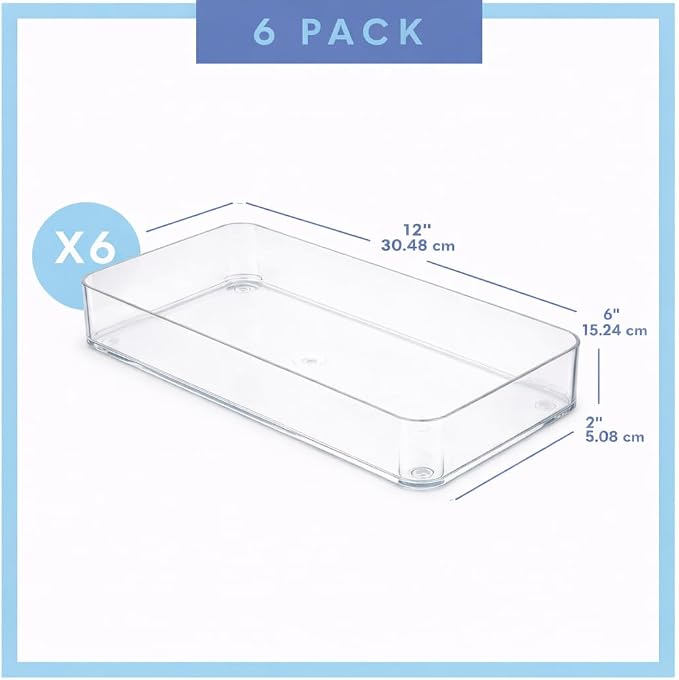 primebox Plastic Clear Acrylic Drawer Organizers. Bathroom, Kitchen, Bedroom, Utensils, Office Organizer Bins, Storage Trays. Heavy Duty, Stackable. 12" x 6" x 2" Set of 6