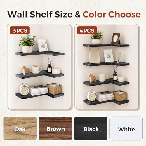 Solid Wood Corner Floating Shelves, L-Shaped, Black, Set of 3