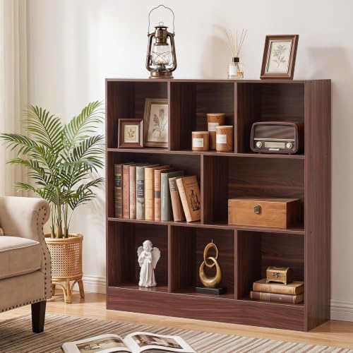 YAHARBO 3 Tier 8 Cube Horizontal Bookshelf,Low Bookcase with Sleves,Walnut