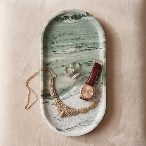 YKAJO Victoria Green Oval Marble Tray, 11.8x5.9 Vanity Perfume Organizer