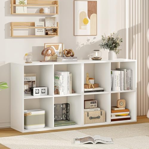 4 Cube Storage Organizer Set of 2, 2 Tier Floor Standing Bookcase, Small Bookshelf for Small Spaces, Wooden Open Display