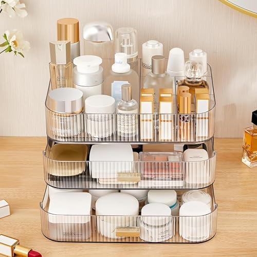 Clear Makeup Organizer for Vanity, Large Desk Organizer with Stackable Drawers for Cosmetics, Skincare, Lipsticks, Eyesh