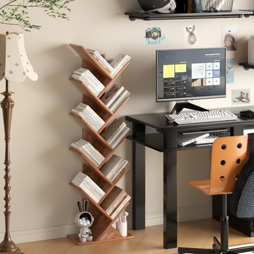 10 Tier Tree Book Shelf, Floor Standing Wood Bookshelf for Narrow Space