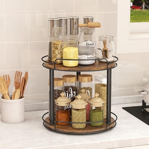 LAMU 10'' Wood Lazy Susan Turntable Organizer for Cabinet, 2 Tier Lazy Susan Spice Rack Organizer for Kitchen, Table Top
