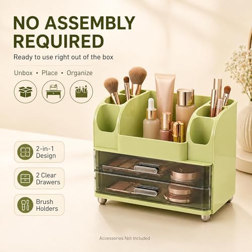 ROOM127 Makeup Organizer for Vanity with 2 Clear Drawers and Brush Holders