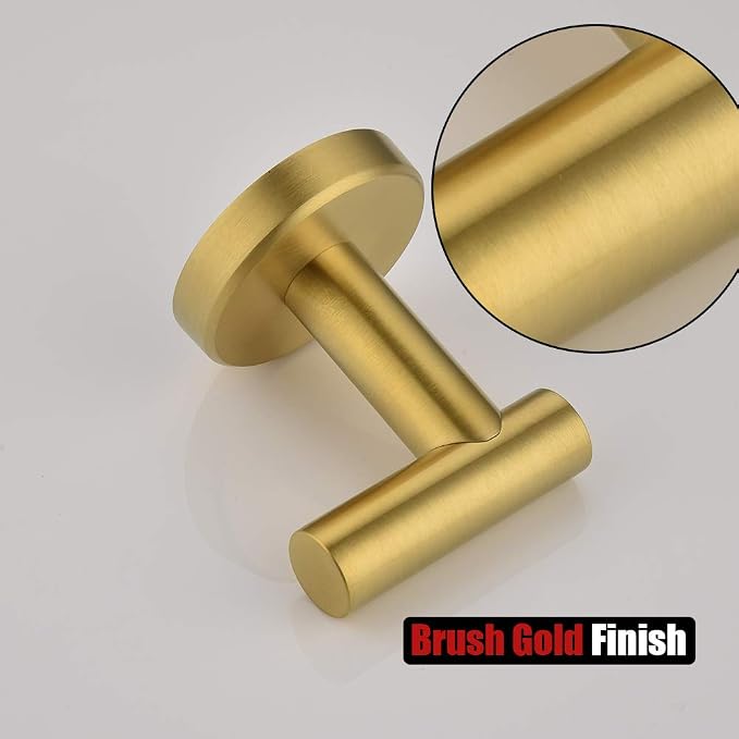 JQK Bathroom Towel Hook Brushed Gold, Brass Coat Robe Clothes Hook for Bathroom Kitchen Garage Wall Mounted (Pack of 4), SUS 304 Stainless Steel 0.8mm, TH100-BG-P4
