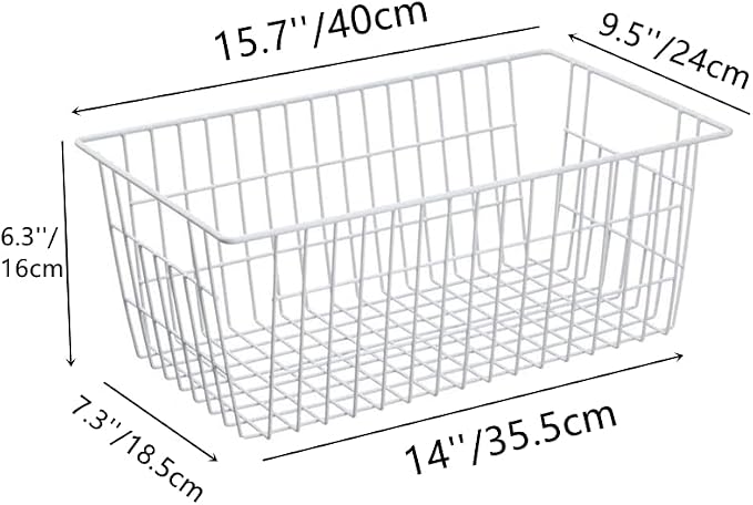 Slideep Farmhouse Metal Wire Basket, Fridge Freezer Storage Organizer Bins with Handles for Kitchen Cabinets, Pantry, Closets, Bedrooms, Bathrooms, White 3 Pack