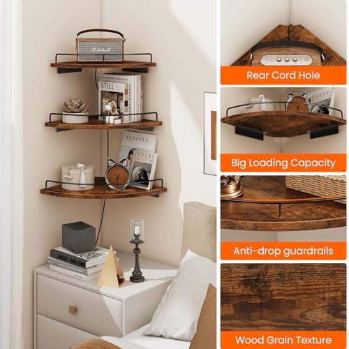 Homode Corner Shelf Wall Mounted Set of 3, Corner Floating Shelves 9/10/12 Inch Deep, Wood Round Corner Hanging Display 