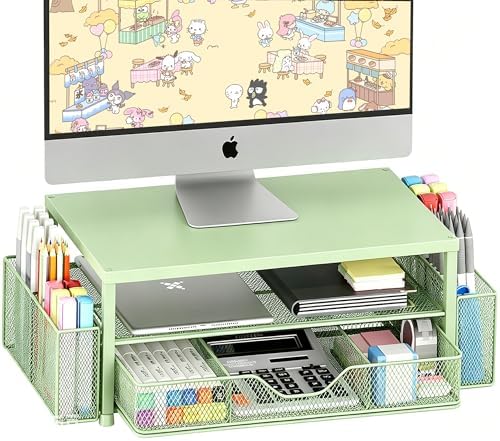 OPNICE Desk Organizers and Accessories, Computer Monitor Stand Riser with Drawer and 2 Pen Holders, Printer & Laptop Sta
