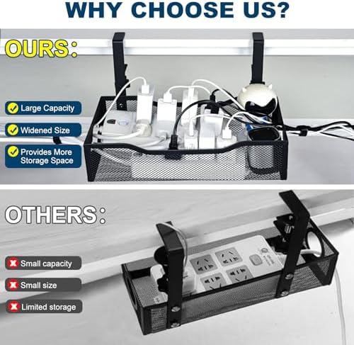 Large Under Desk Cable Management Tray - Heavy Duty Metal Cord Organizer with No Drill Installation for Office & Home Of