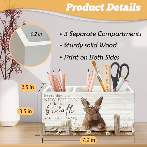 Motivational Bunny Pen Holder Organizer for Desk Accessories, Bunny Gifts for Women Girls, Farmhouse Daisy Floral Easter Rabbit Wooden Box Sign Desk Decorations for Home Office Decor