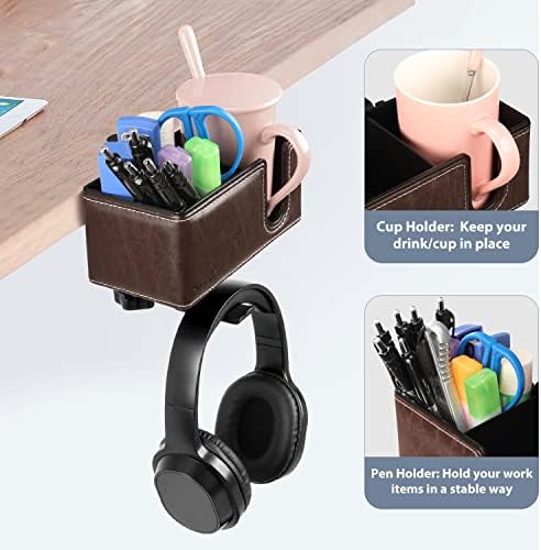Under Desk Cup Holder Clamp on Cup Holder PU Leather Clip on Desk Organizer