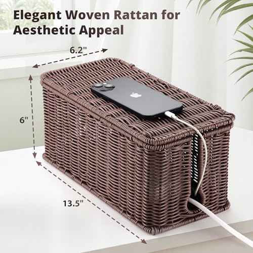 ZhiYo Rattan Cable Management Box, Dark Brown, 13.5" x 6.2" x 6"