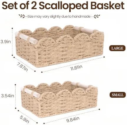 iEGrow Paper Rope Small Storage Baskets for Organizing, Set of 2 Scalloped Edge Wicker Basket with Wooden Handles Toilet Paper Basket for Over Toilet Storage Shelf, Home Decor, Living Room (Beige)