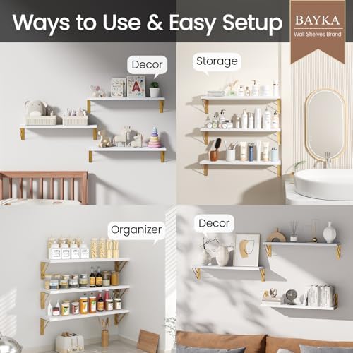 BAYKA 22.4 in Long Wall Mounted Floating Shelves (White and Gold, Set of 3)