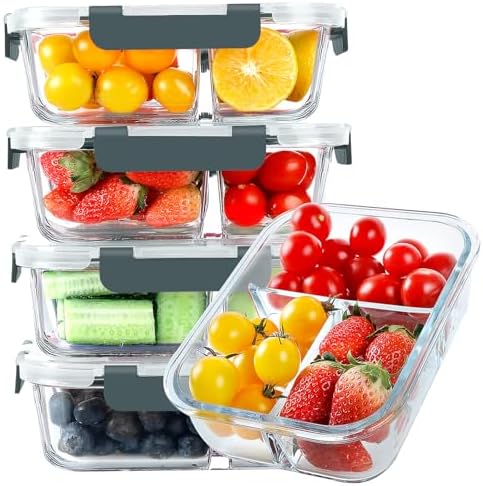 KOMUEE Glass Meal Prep Containers 3 Compartments, 5 Pack 36 oz