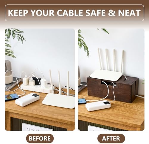 Oak Wood Cable Management Box - Large Cord Hider & Organizer with Magnetic Lid for Desk & Floor Cables in Home Office, L