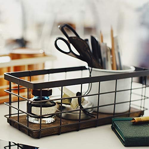 TIEYIPIN Small Metal Wire Storage Basket, Detachable Wood Base Storage Organizer Bin Basket for Kitchen Cabinets, Bathro
