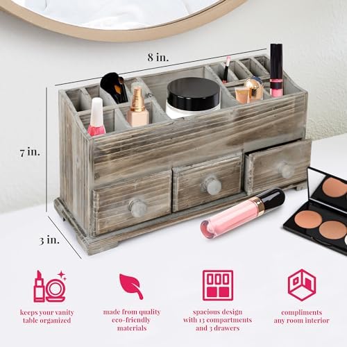 Besti Rustic Vanity Organizer for Cosmetics, Makeup, and Bathroom Accessories, Wooden Farmhouse Storage Box with 3 Drawe