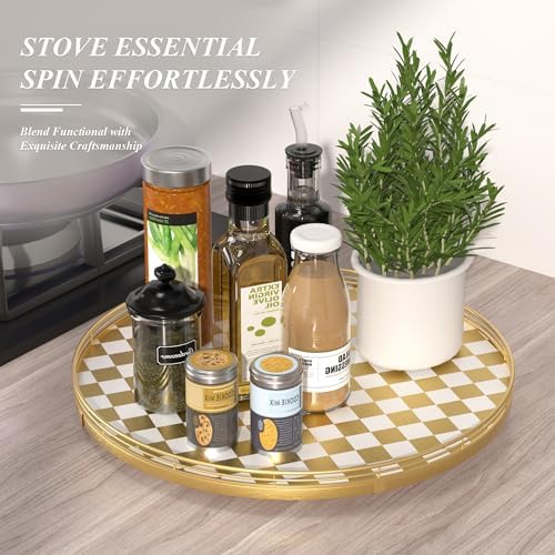 Gold and White Checkerboard Lazy Susan with Rubberwood Base and Metal Rail