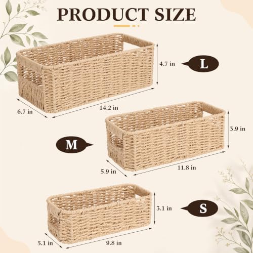 Domensi 3 Set Wicker Paper Rope Storage Baskets for Organizing,Natural