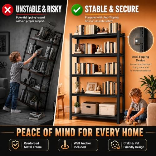 Bolt-Free Metal Bookshelf, Adjustable Tall Bookcase Freestanding Book Shelf, Heavy Duty Deep Book Shelf, Large Office Bo