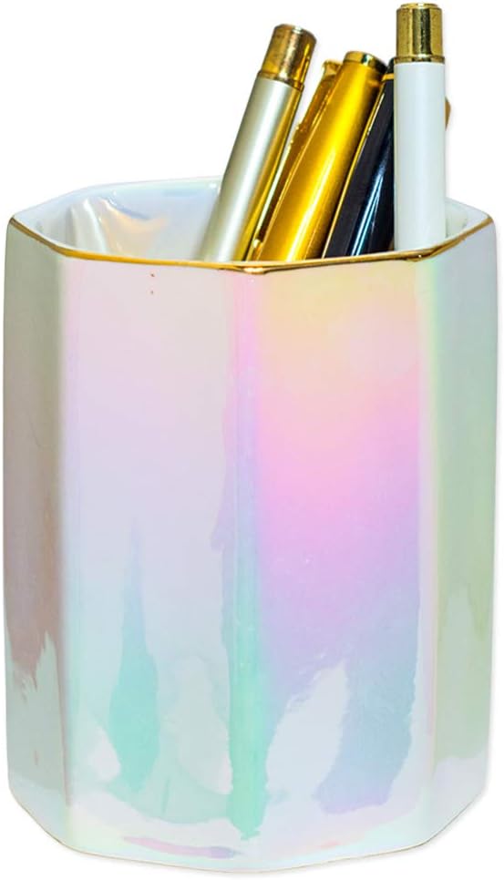Ceramic Desk Iridescent Pen Holder Stand Cute Pencil Cup Pot Desk Organizer Makeup Brush Holder,Toothbrush Holders(Pearl)