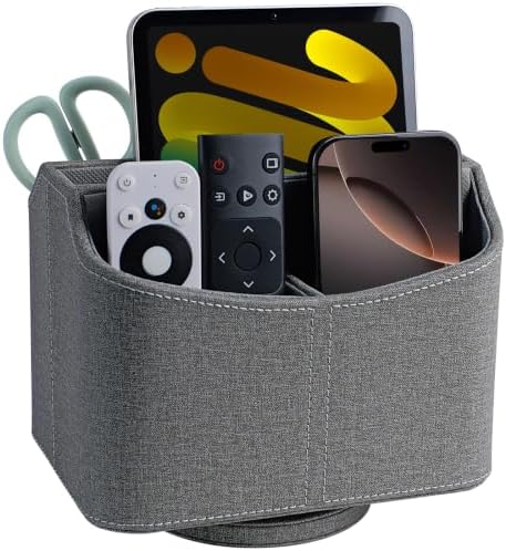 LAMOTI Leather 360 Spinning TV Remote Caddy - 5-Compartment Desk Organizer for Universal Remotes, Phones, Tablets, Pens, Eyeglasses & More (Grey)