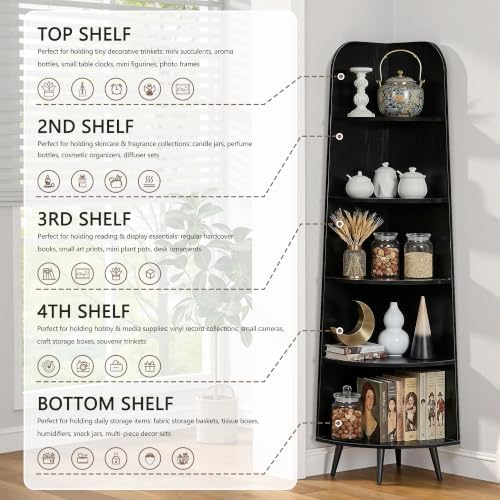 VECELO 5-Tier Curved Corner Shelf, 66.93" Tall Display Rack, Black