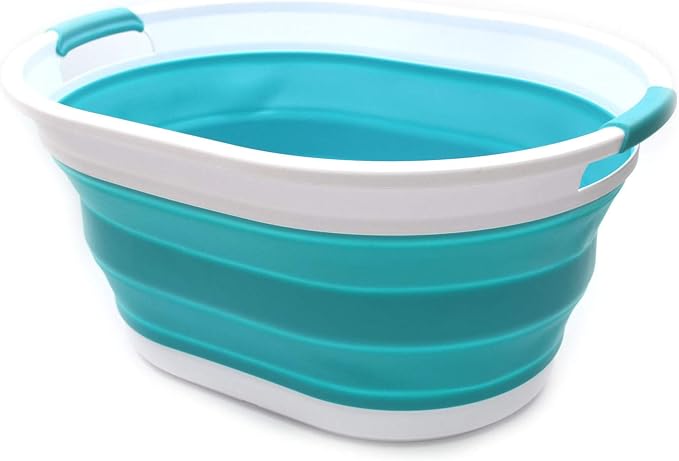 SAMMART 28L (7.4 gallon) Collapsible Plastic Laundry Basket-Oval Tub/Basket - Portable Washing Tub-Space Saving Laundry Hamper, Water capacity: 22L (5.8 gallon) (1, Bright Blue)