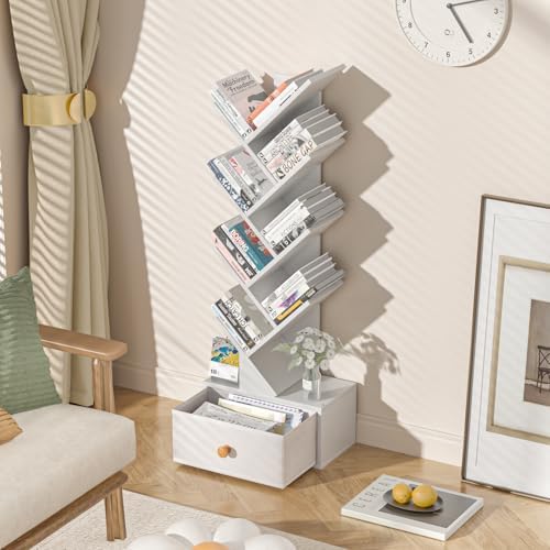 SHEEPAM 8-Tier Tree Bookshelf Floor Standing Storage Bookcase with Drawer