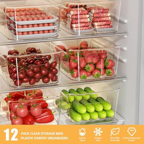 12 Pack Clear Plastic Storage Bins, Pantry Organizers and Storage, Multi-Use Clear Pantry Organizer Bins Storage Contain