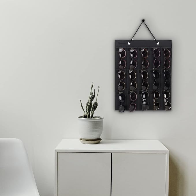 PACMAXI Sunglasses Storage Organizer, Wall Pocket Mounted by Sunglasses, Hanging Eyeglasses Storage Holder, Eyewear Display. (Black, 15 Slot)