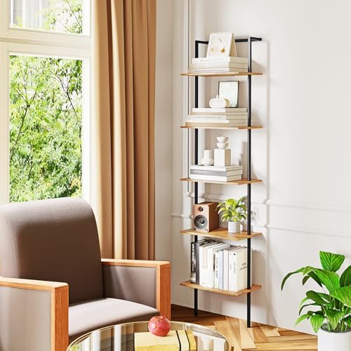 5-Tier Wall Mounted Ladder Shelf, Rustic Brown, 64.7" H