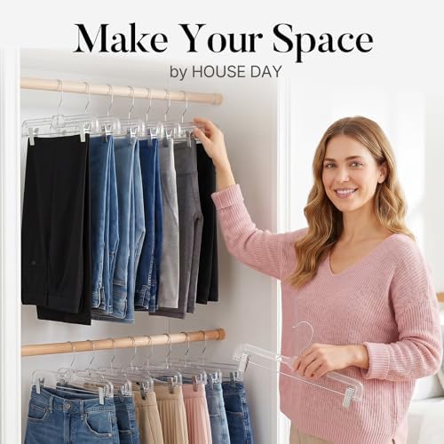 HOUSE DAY Clear Pants Hangers with Clips 12 Pack, Plastic Skirt Hangers