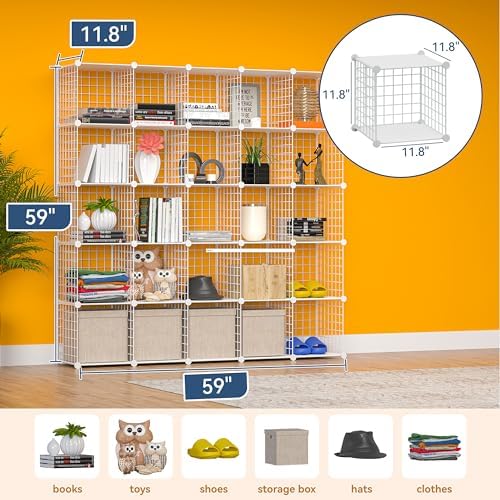 Cube Storage Organizer, Metal 25-Cube Shelves Bookshelf, Portable Closet Clothes Organizer for Bedroom, Home, Office, Wh